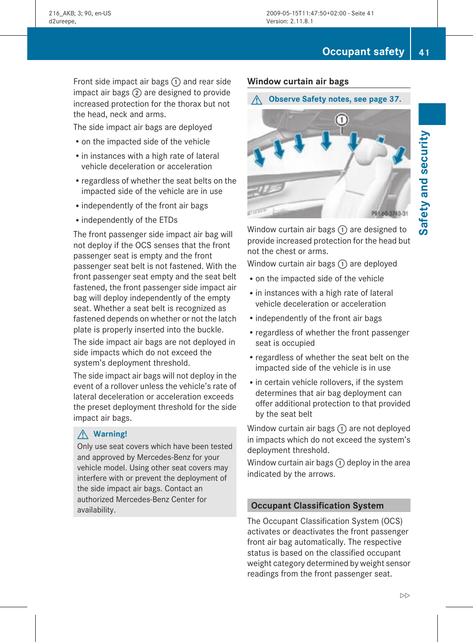 Occupant classification system, Classification system (ocs), Safety and security | Occupant safety | Mercedes-Benz 2010 CL Class User Manual | Page 43 / 500