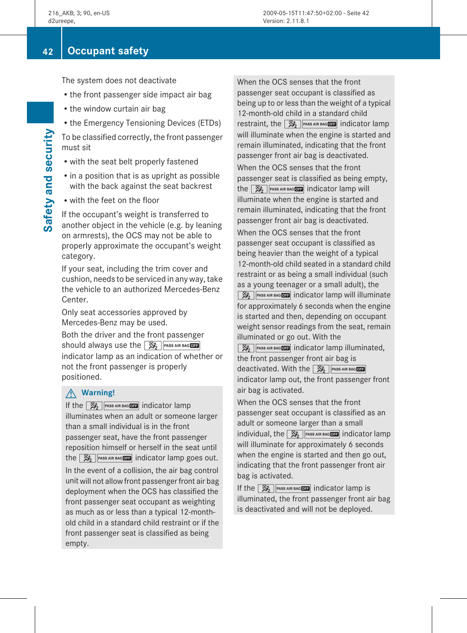 Safety and security, Occupant safety | Mercedes-Benz 2010 CL Class User Manual | Page 44 / 500