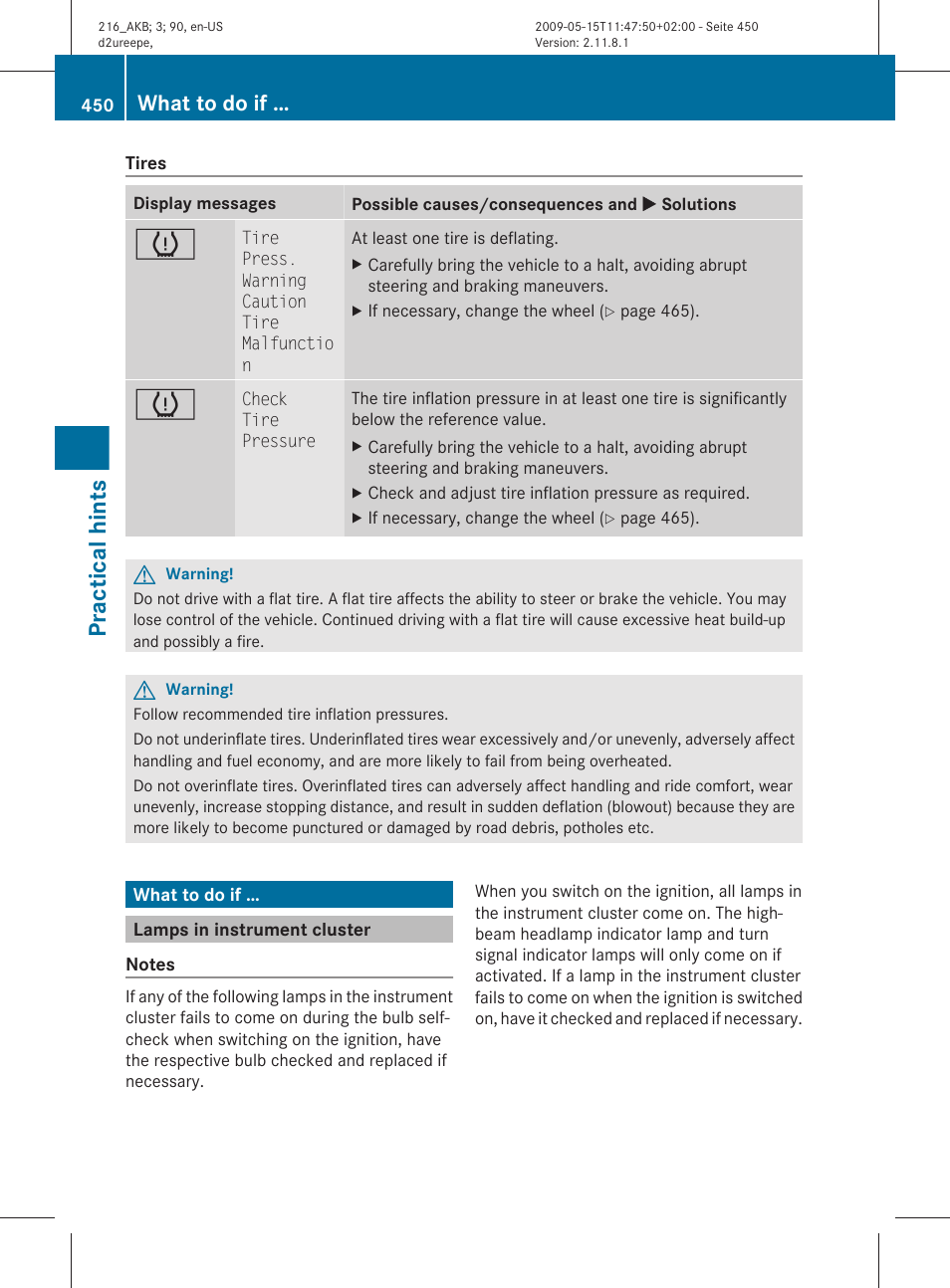 What to do if, Lamps in instrument cluster, Practical hints | Mercedes-Benz 2010 CL Class User Manual | Page 452 / 500