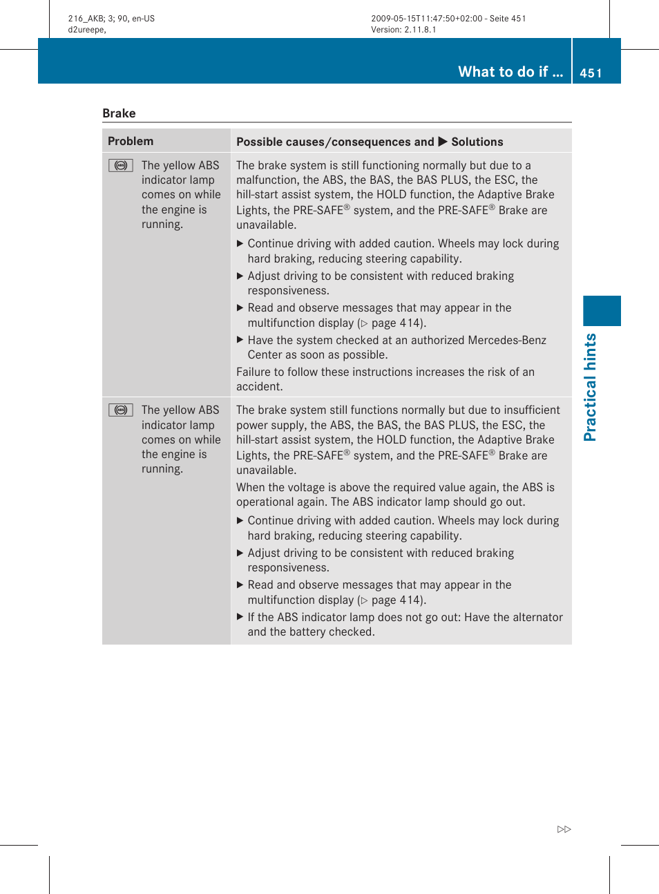 Practical hints, What to do if | Mercedes-Benz 2010 CL Class User Manual | Page 453 / 500