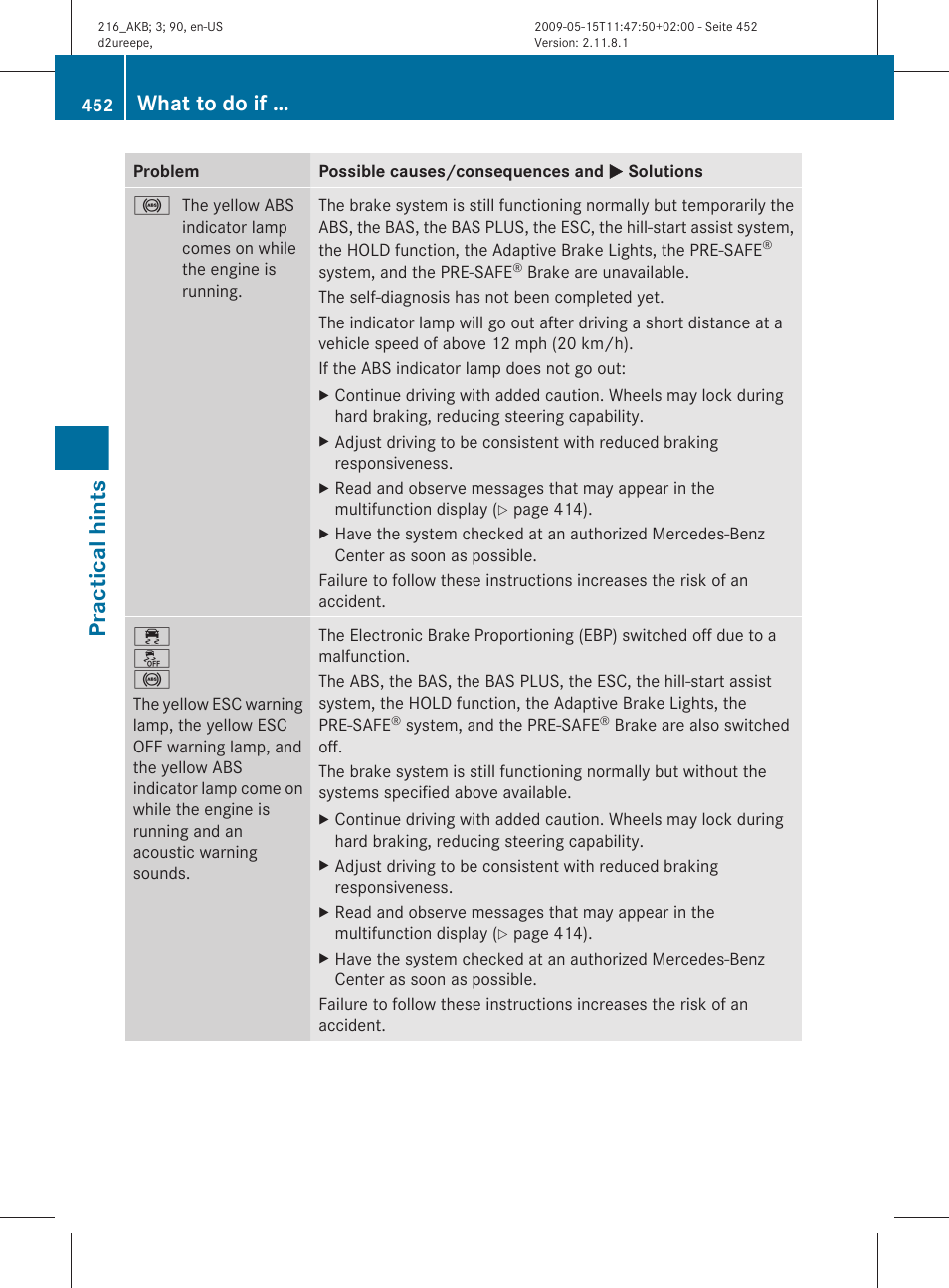 Practical hints, What to do if | Mercedes-Benz 2010 CL Class User Manual | Page 454 / 500