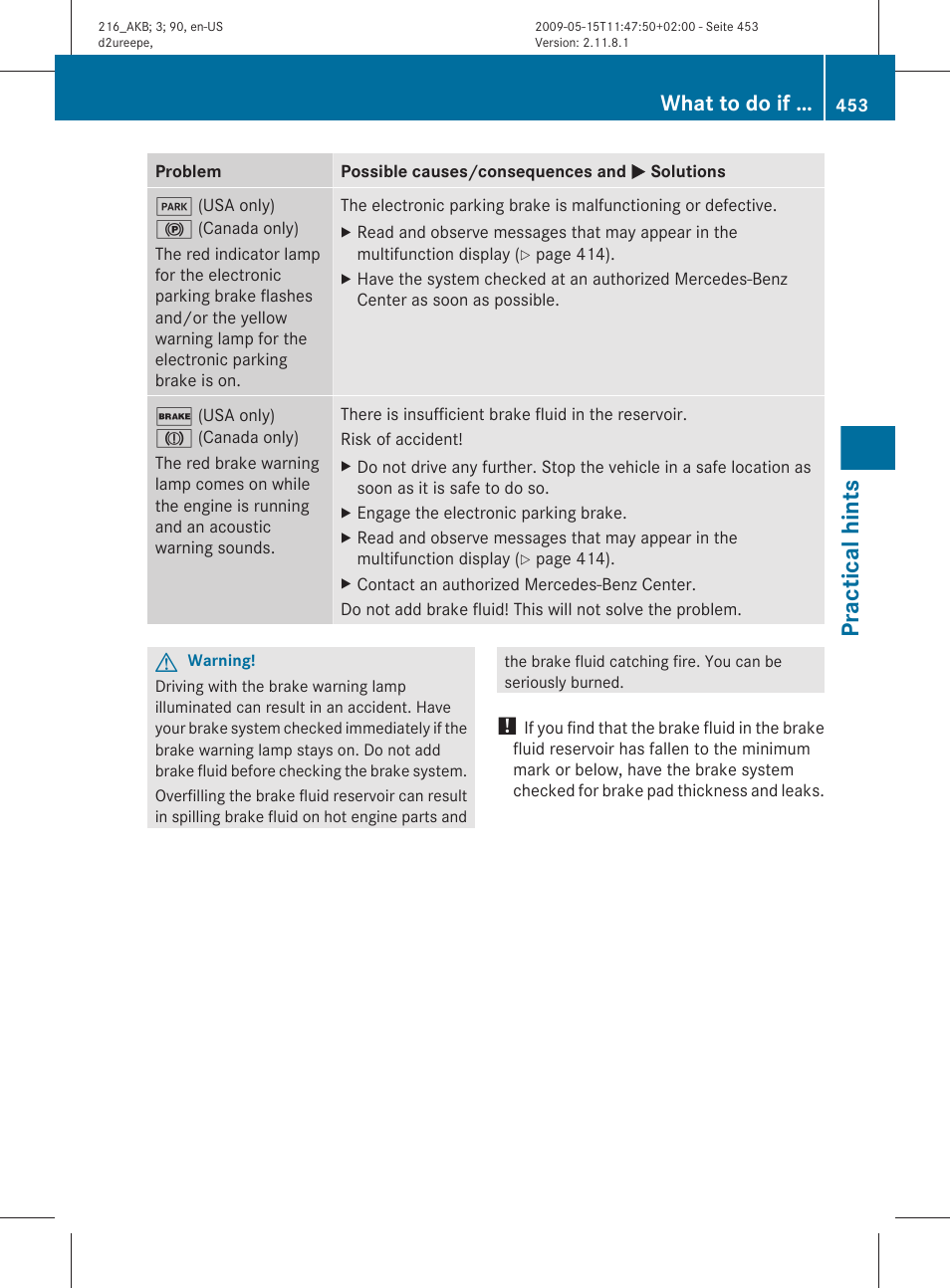 Practical hints, What to do if | Mercedes-Benz 2010 CL Class User Manual | Page 455 / 500