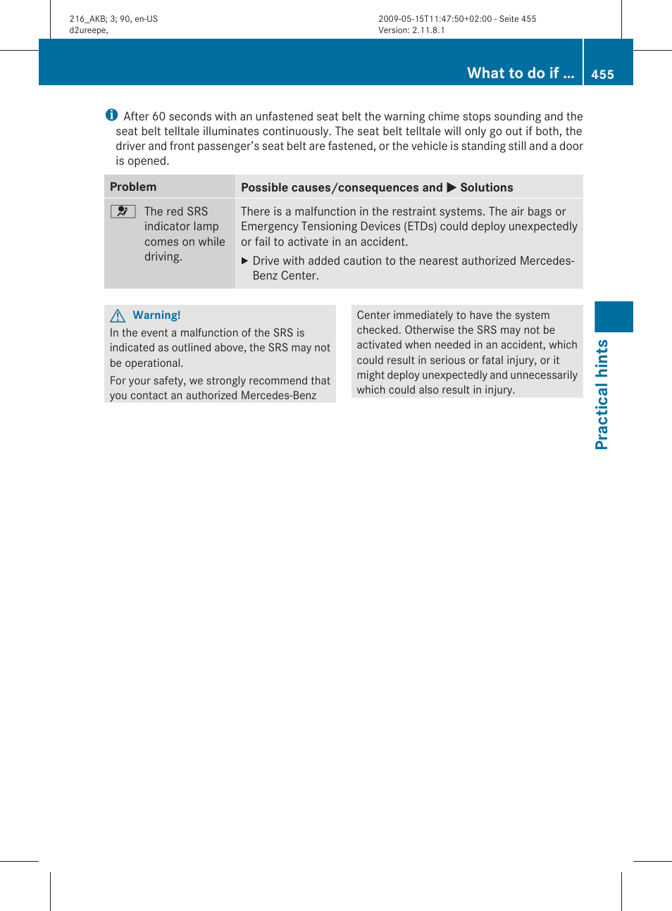 Practical hints, What to do if | Mercedes-Benz 2010 CL Class User Manual | Page 457 / 500