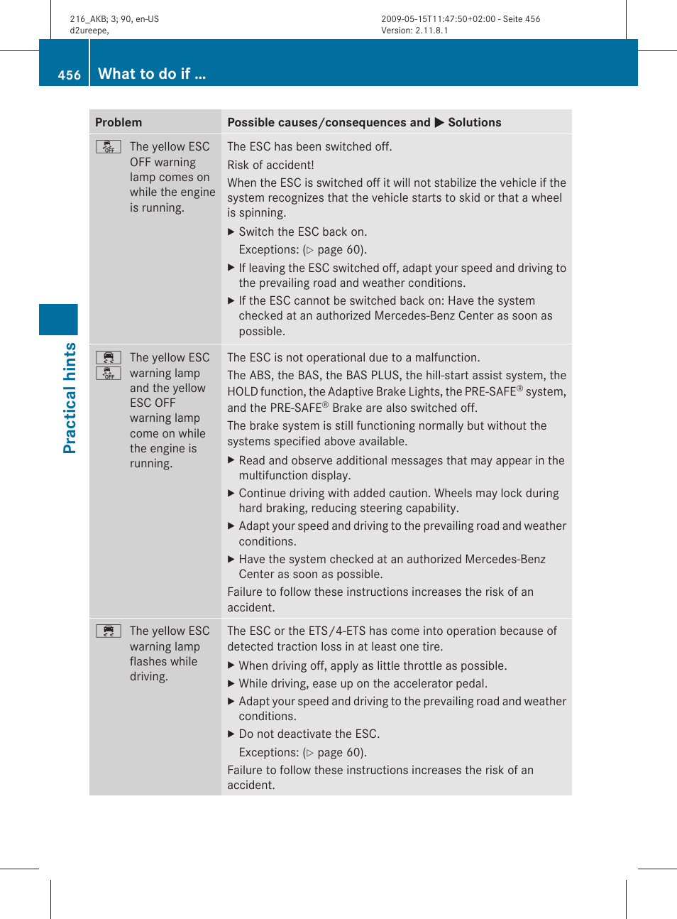 Practical hints, What to do if | Mercedes-Benz 2010 CL Class User Manual | Page 458 / 500