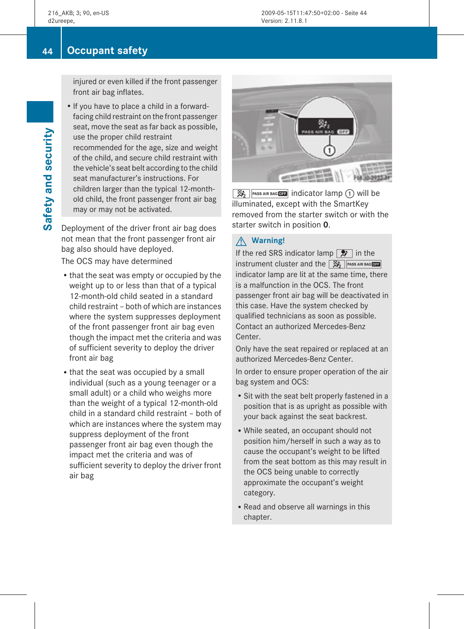Safety and security, Occupant safety | Mercedes-Benz 2010 CL Class User Manual | Page 46 / 500