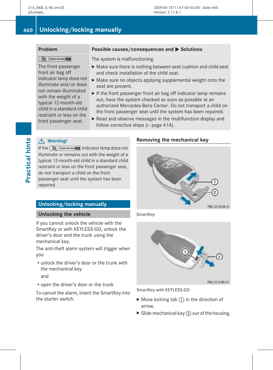 Unlocking/locking manually, Unlocking the vehicle, Driver’s door and the trunk | Practical hints | Mercedes-Benz 2010 CL Class User Manual | Page 462 / 500