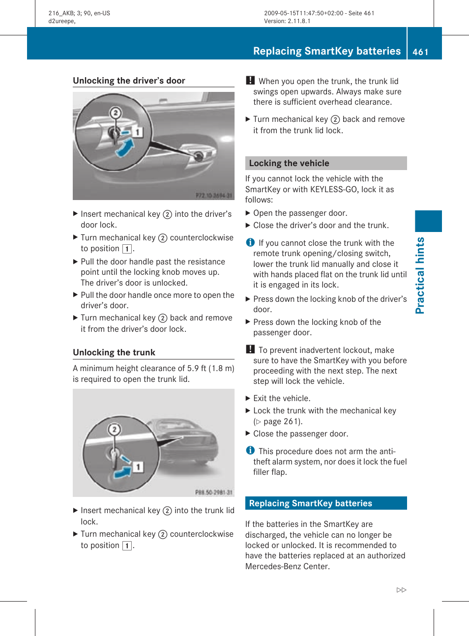 Locking the vehicle, Replacing smartkey batteries, Practical hints | Mercedes-Benz 2010 CL Class User Manual | Page 463 / 500