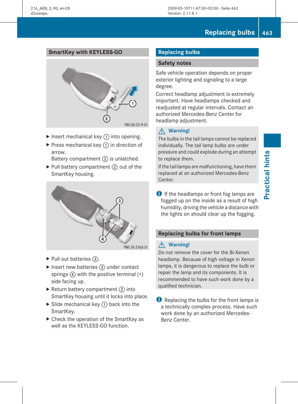 Smartkey with keyless-go, Replacing bulbs, Safety notes | Replacing bulbs for front lamps, Vehicle lighting, Practical hints | Mercedes-Benz 2010 CL Class User Manual | Page 465 / 500