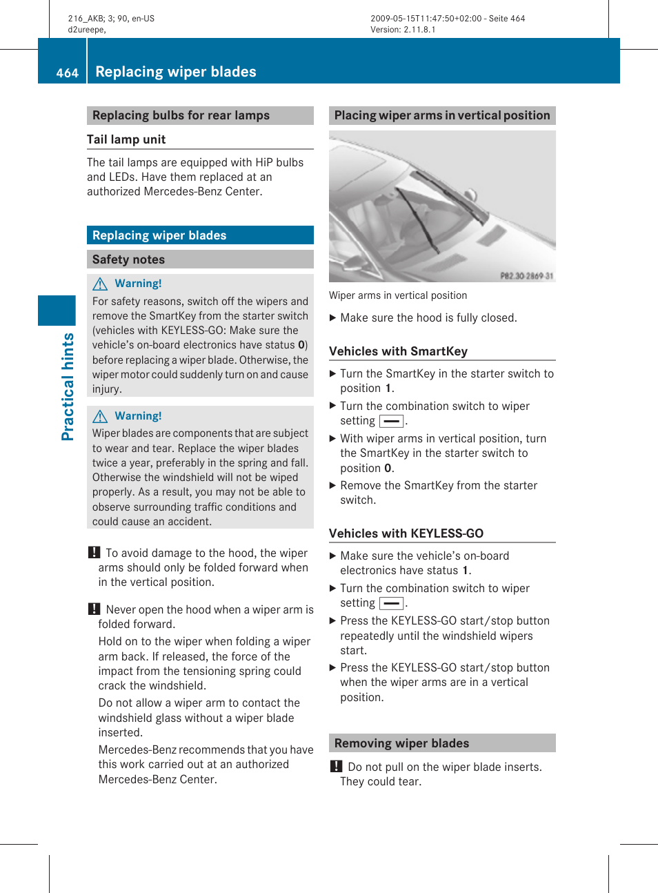 Replacing bulbs for rear lamps, Replacing wiper blades, Safety notes | Placing wiper arms in vertical position, Removing wiper blades, Practical hints | Mercedes-Benz 2010 CL Class User Manual | Page 466 / 500