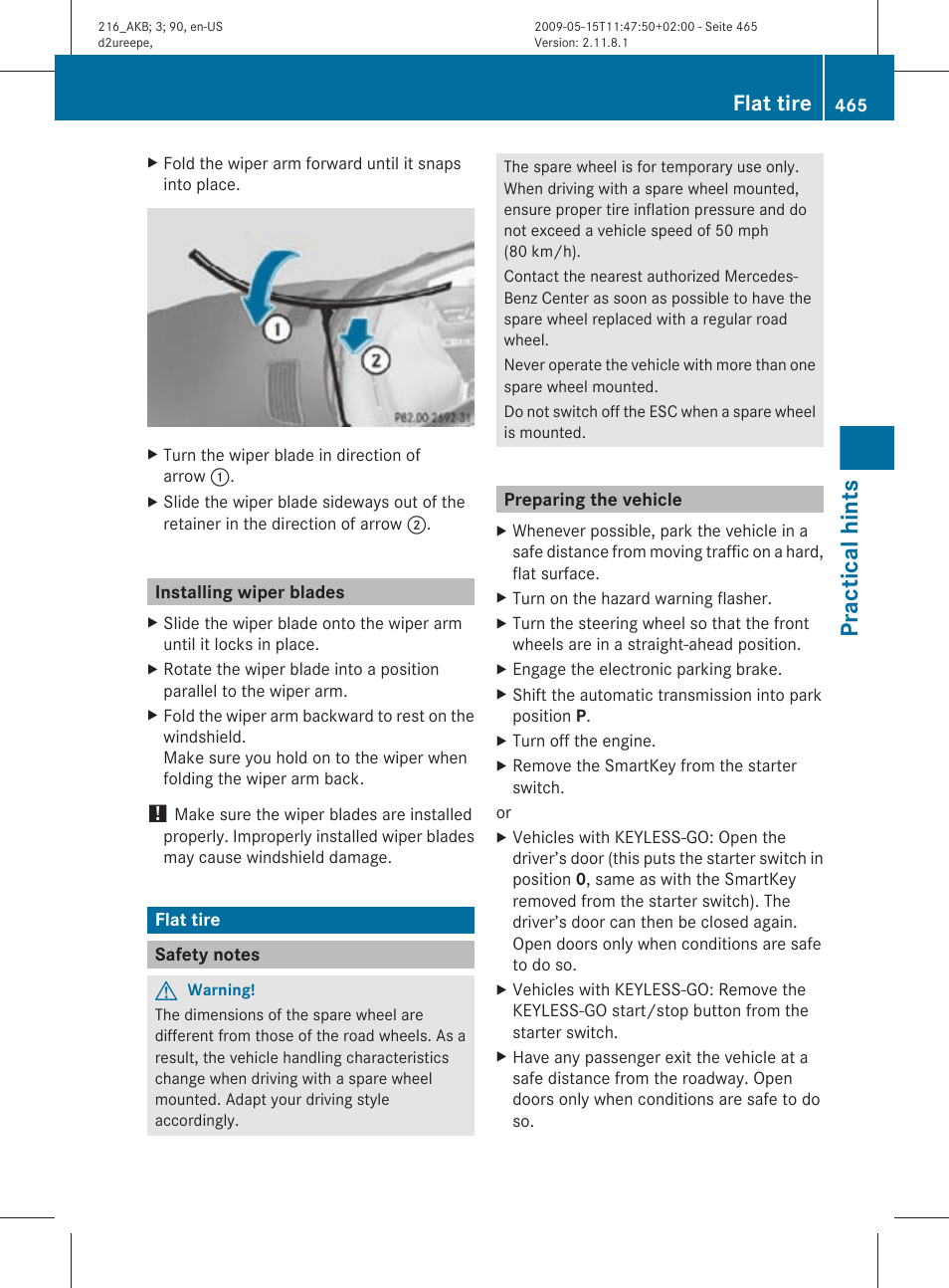 Installing wiper blades, Flat tire, Safety notes | Preparing the vehicle, Tire, See “flat tire, If necessary, change the wheel, Practical hints | Mercedes-Benz 2010 CL Class User Manual | Page 467 / 500