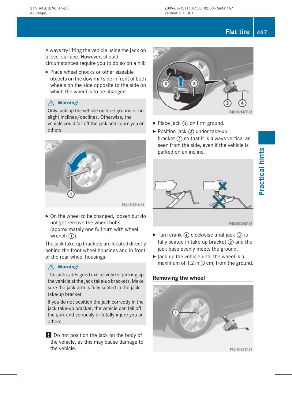 Practical hints, Flat tire | Mercedes-Benz 2010 CL Class User Manual | Page 469 / 500