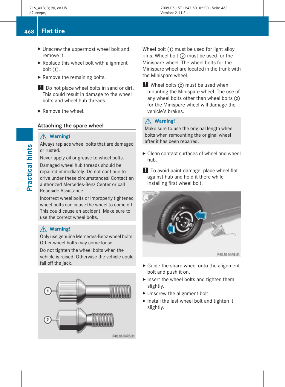 Practical hints, Flat tire | Mercedes-Benz 2010 CL Class User Manual | Page 470 / 500