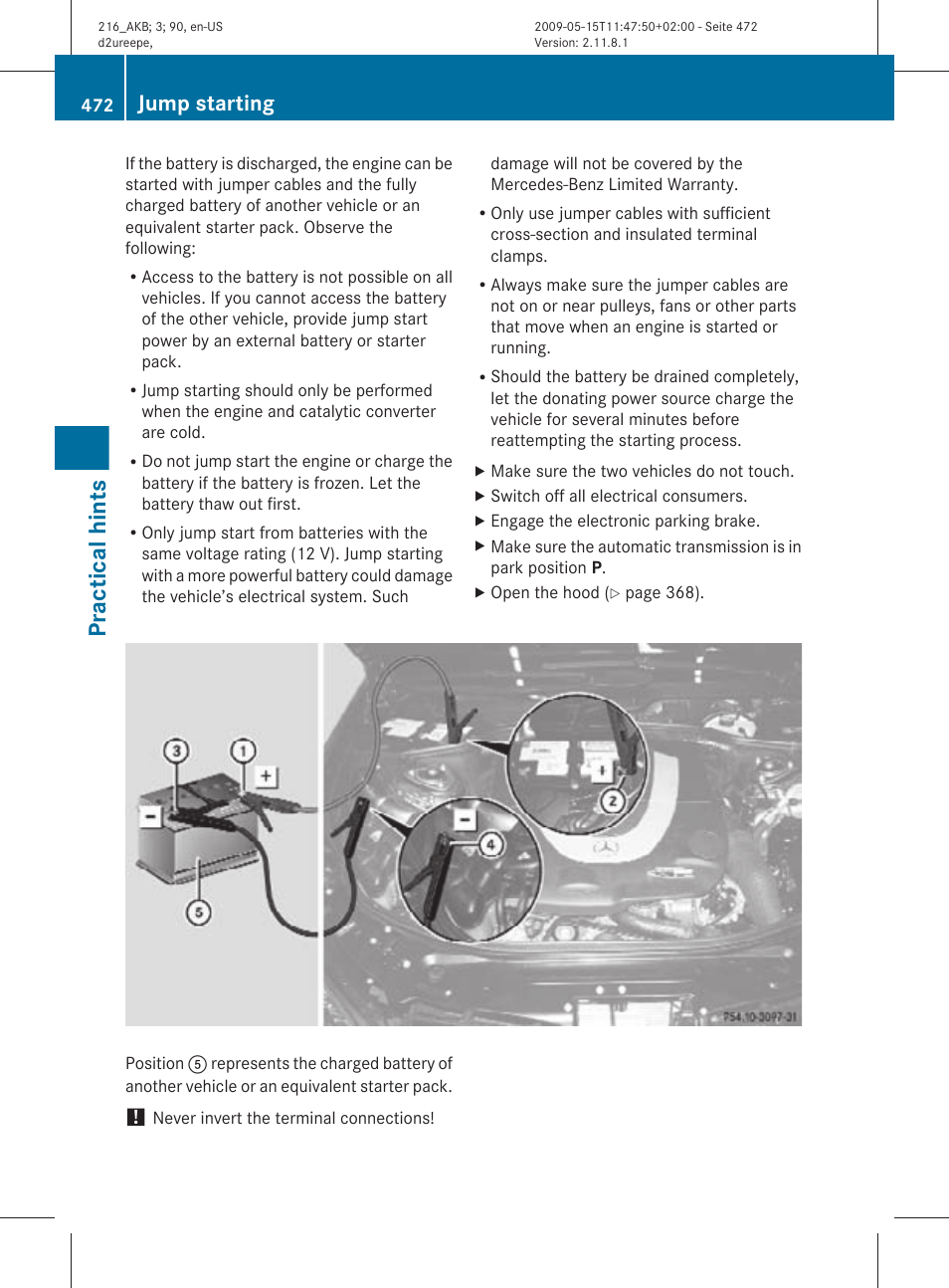 Practical hints, Jump starting | Mercedes-Benz 2010 CL Class User Manual | Page 474 / 500