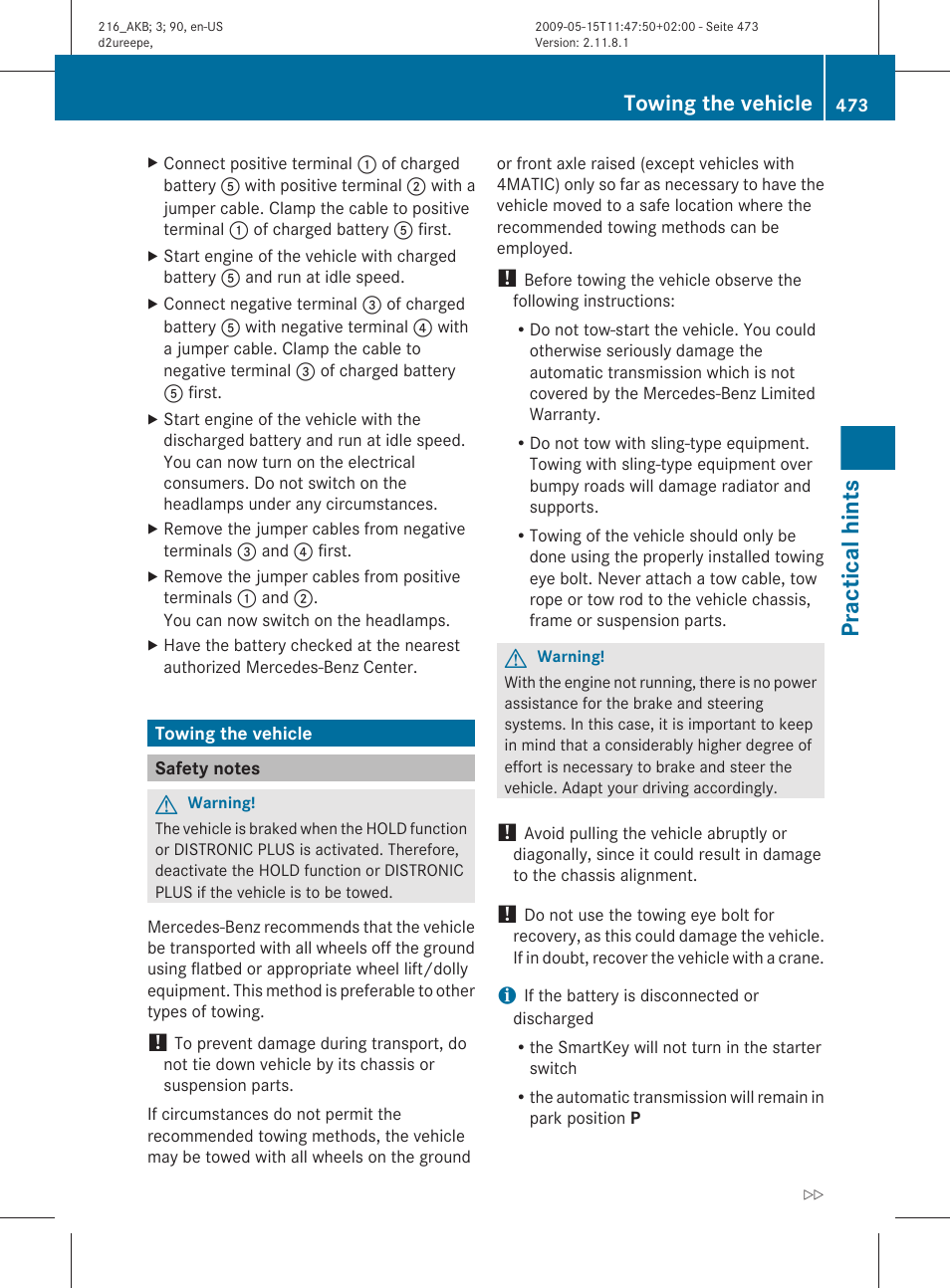 Towing the vehicle, Safety notes, Practical hints | Mercedes-Benz 2010 CL Class User Manual | Page 475 / 500