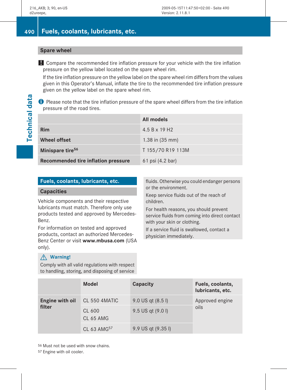 Spare wheel, Fuels, coolants, lubricants, etc, Capacities | Coolants, lubricants, etc, Technical data” section, Operator’s manual, Technical data | Mercedes-Benz 2010 CL Class User Manual | Page 492 / 500