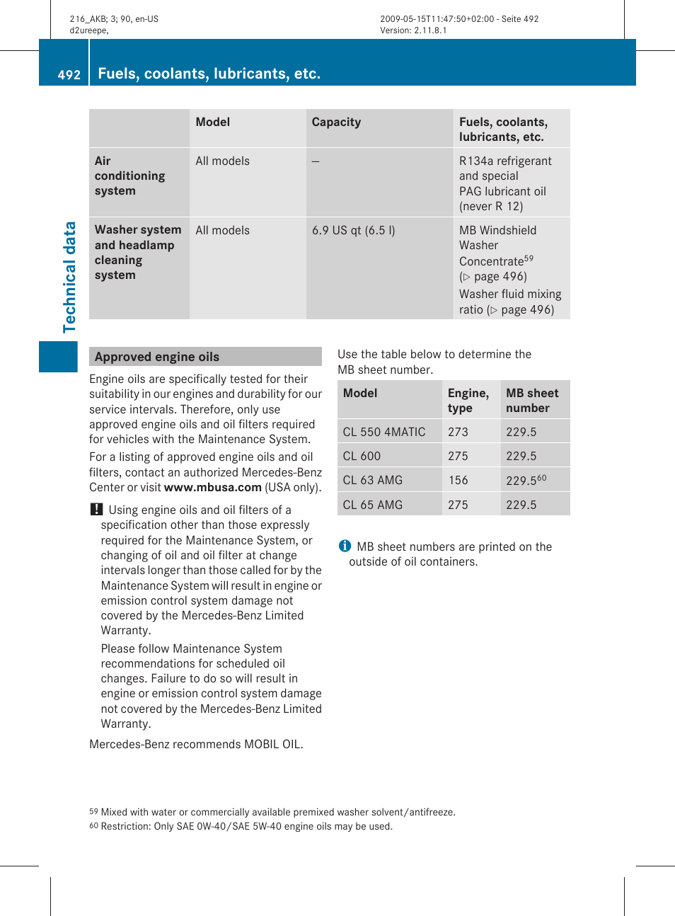 Approved engine oils, Technical data, Fuels, coolants, lubricants, etc | Mercedes-Benz 2010 CL Class User Manual | Page 494 / 500