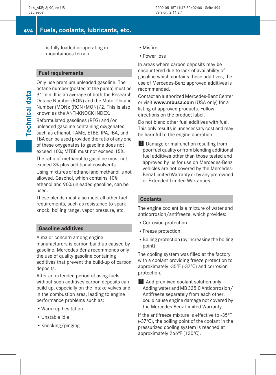 Fuel requirements, Gasoline additives, Coolants | Technical data, Fuels, coolants, lubricants, etc | Mercedes-Benz 2010 CL Class User Manual | Page 496 / 500