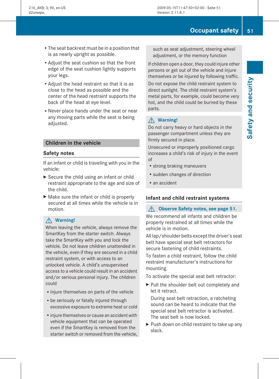 Children in the vehicle, Safety and security, Occupant safety | Mercedes-Benz 2010 CL Class User Manual | Page 53 / 500