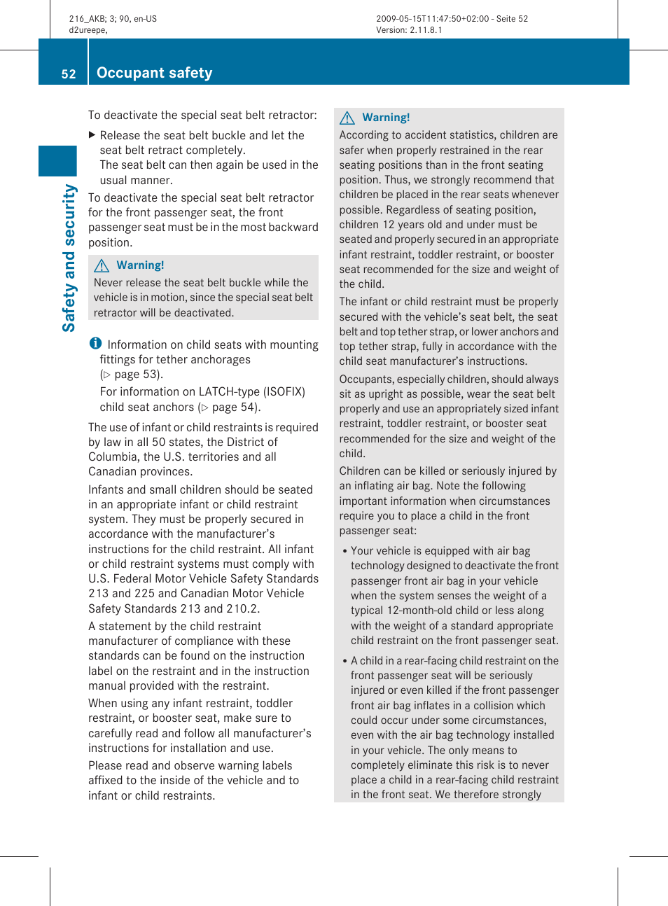 Safety and security, Occupant safety | Mercedes-Benz 2010 CL Class User Manual | Page 54 / 500