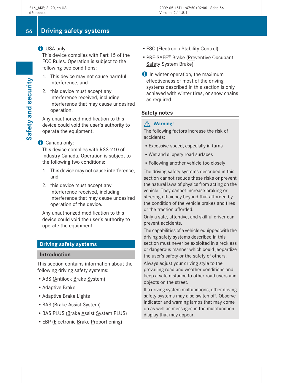 Driving safety systems, Introduction, Safety and security | Mercedes-Benz 2010 CL Class User Manual | Page 58 / 500