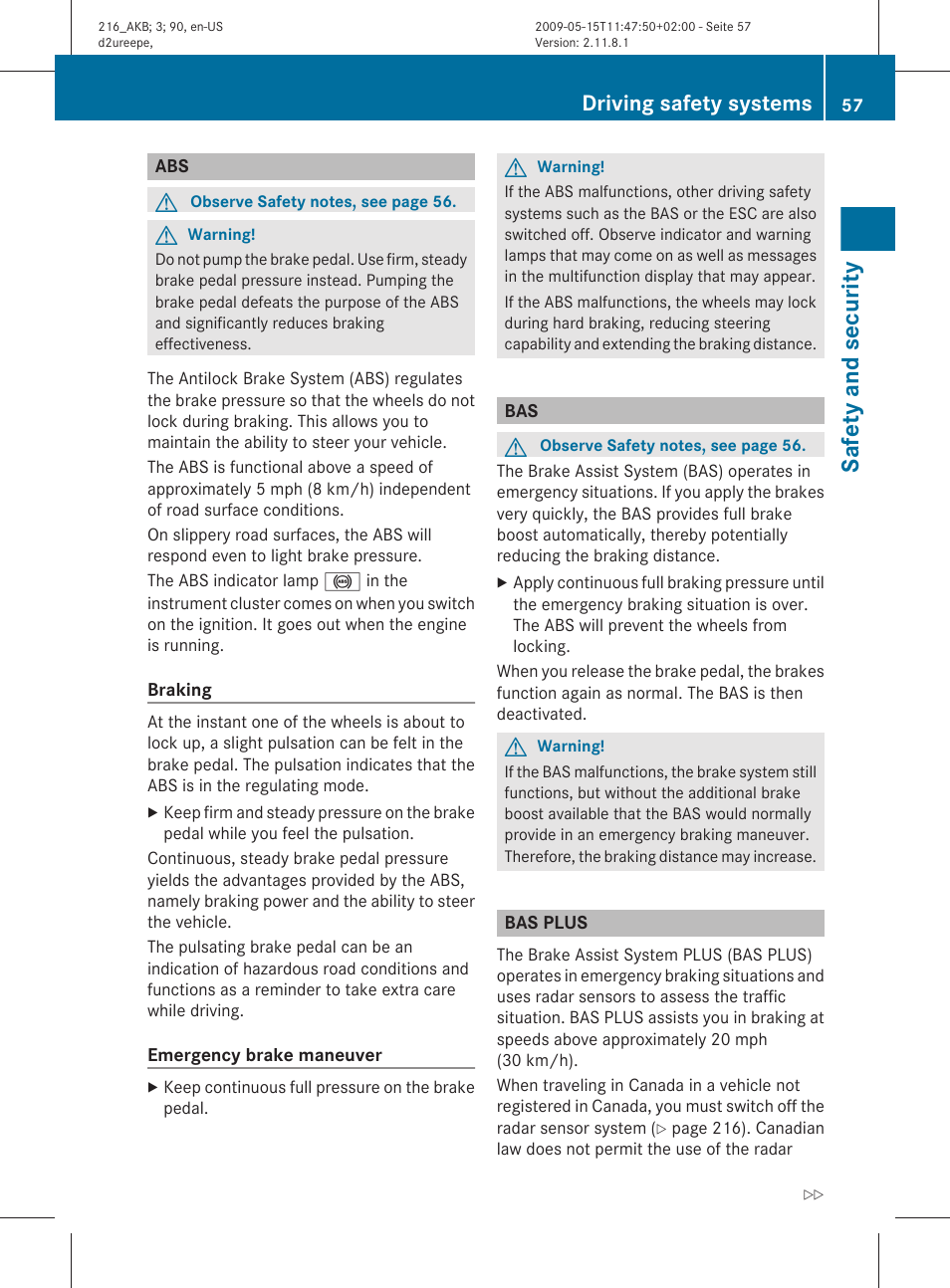 Bas plus, Safety and security, Driving safety systems | Mercedes-Benz 2010 CL Class User Manual | Page 59 / 500