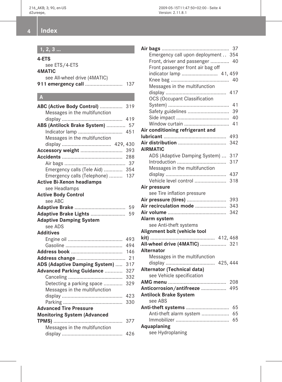 Index | Mercedes-Benz 2010 CL Class User Manual | Page 6 / 500