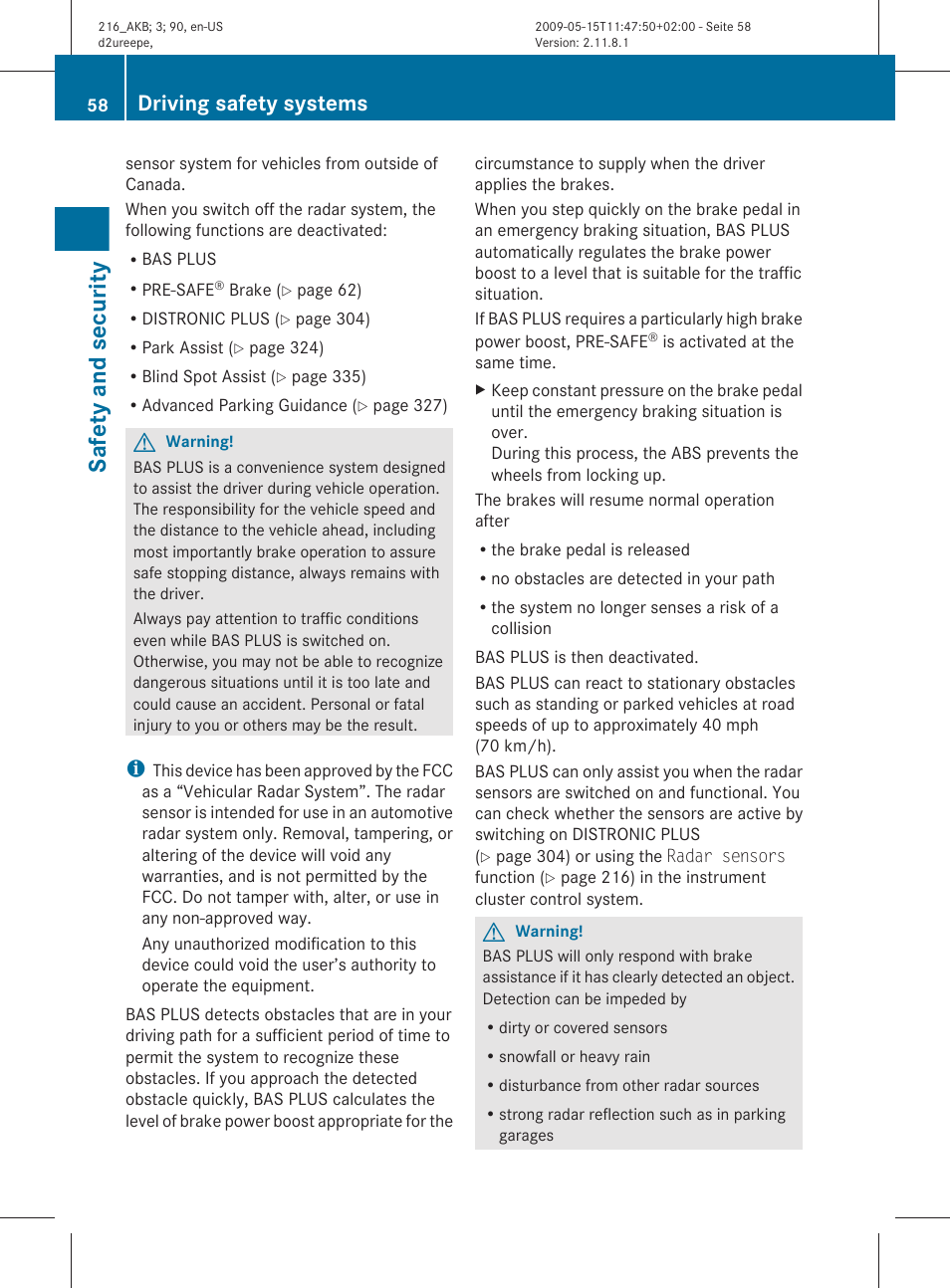 Safety and security, Driving safety systems | Mercedes-Benz 2010 CL Class User Manual | Page 60 / 500