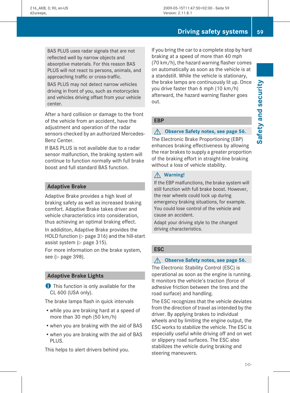 Adaptive brake, Adaptive brake lights, Safety and security | Driving safety systems | Mercedes-Benz 2010 CL Class User Manual | Page 61 / 500