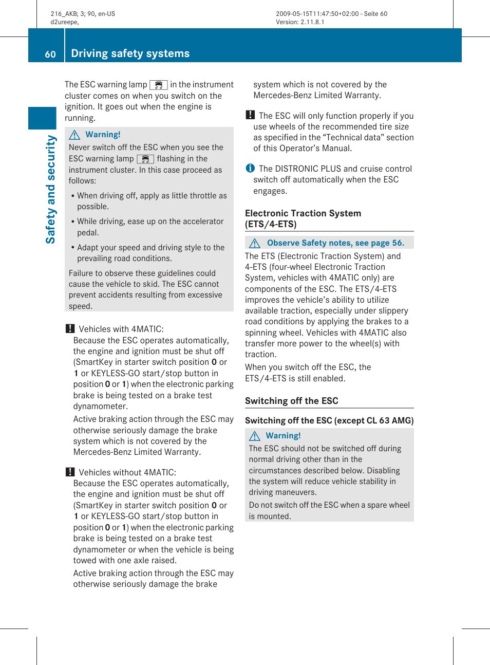 Safety and security, Driving safety systems | Mercedes-Benz 2010 CL Class User Manual | Page 62 / 500