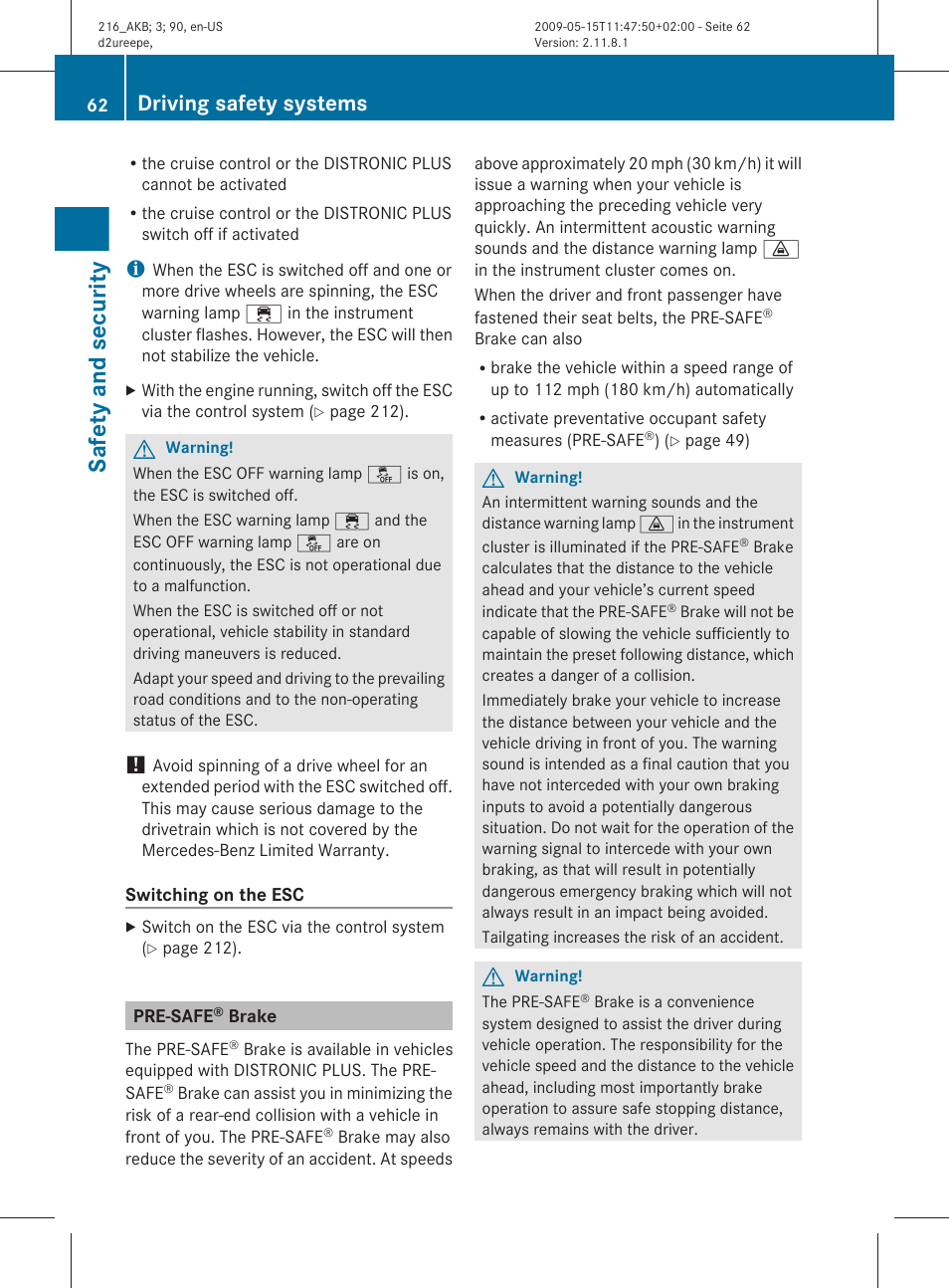 Pre-safe® brake, Brake, Safety and security | Driving safety systems | Mercedes-Benz 2010 CL Class User Manual | Page 64 / 500