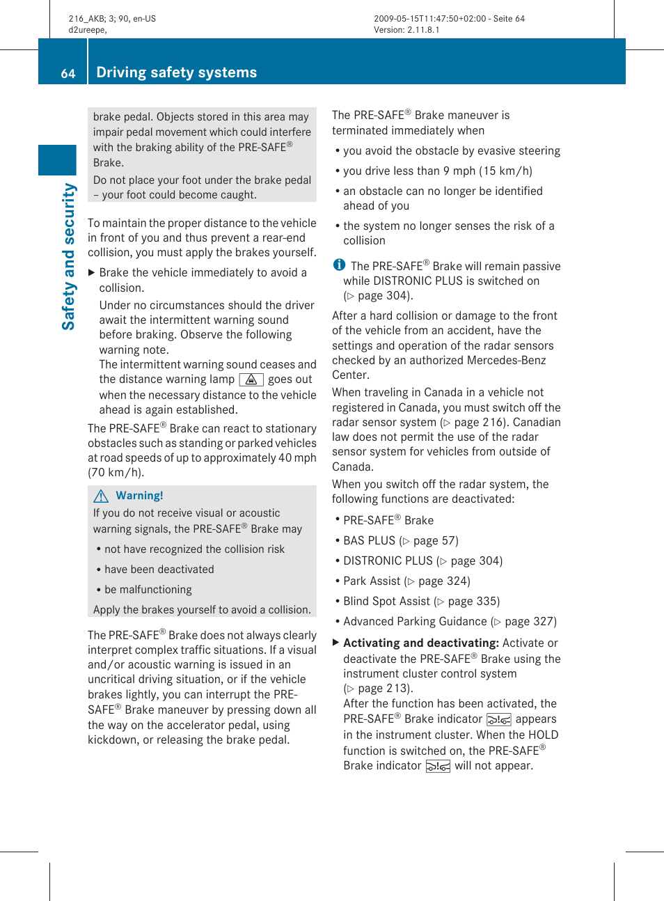 Safety and security, Driving safety systems | Mercedes-Benz 2010 CL Class User Manual | Page 66 / 500