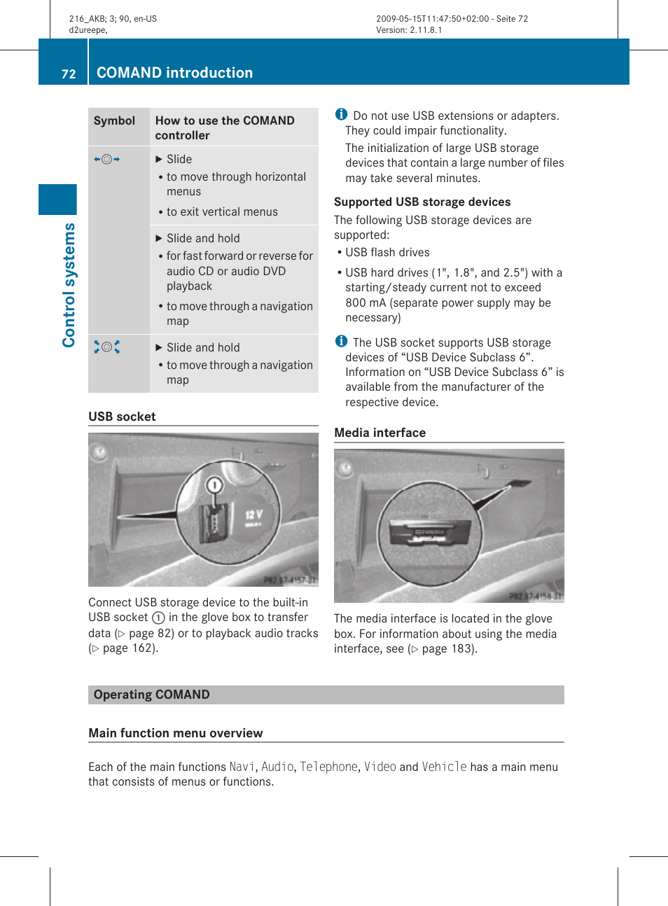 Operating comand, Control systems, Comand introduction | Mercedes-Benz 2010 CL Class User Manual | Page 74 / 500