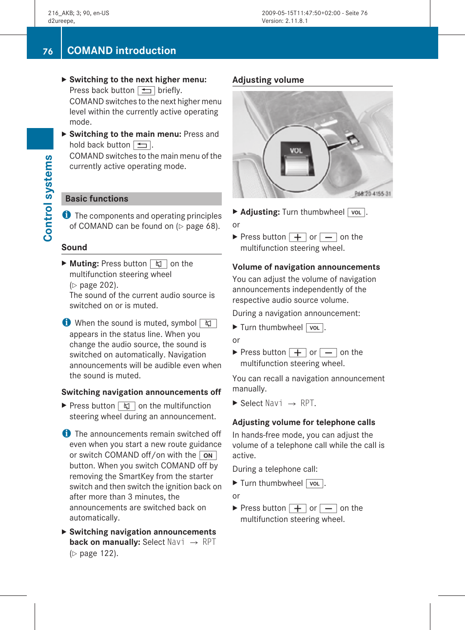 Basic functions, Volume control, Control systems | Comand introduction | Mercedes-Benz 2010 CL Class User Manual | Page 78 / 500