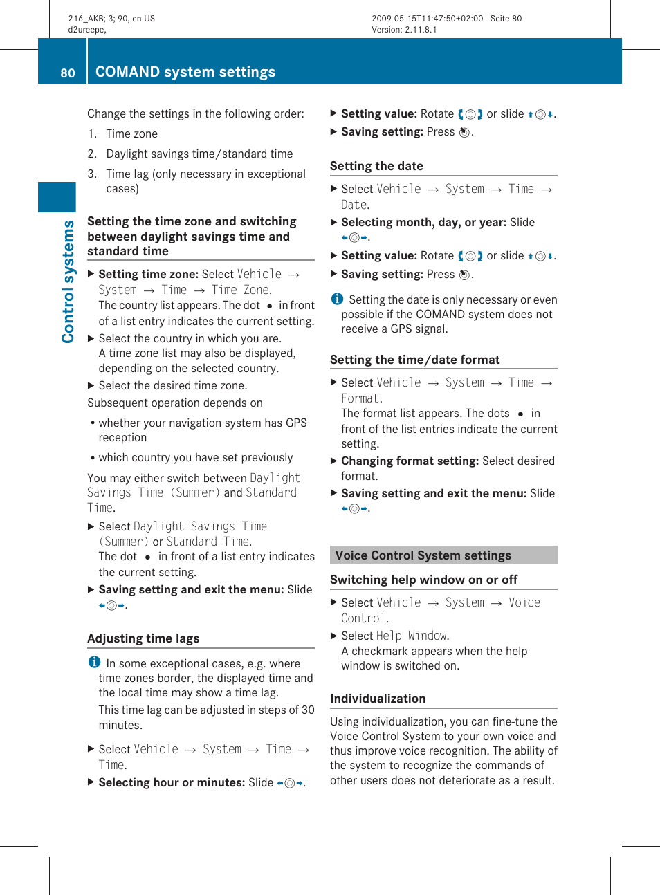 Voice control system settings, Control systems, Comand system settings | Mercedes-Benz 2010 CL Class User Manual | Page 82 / 500