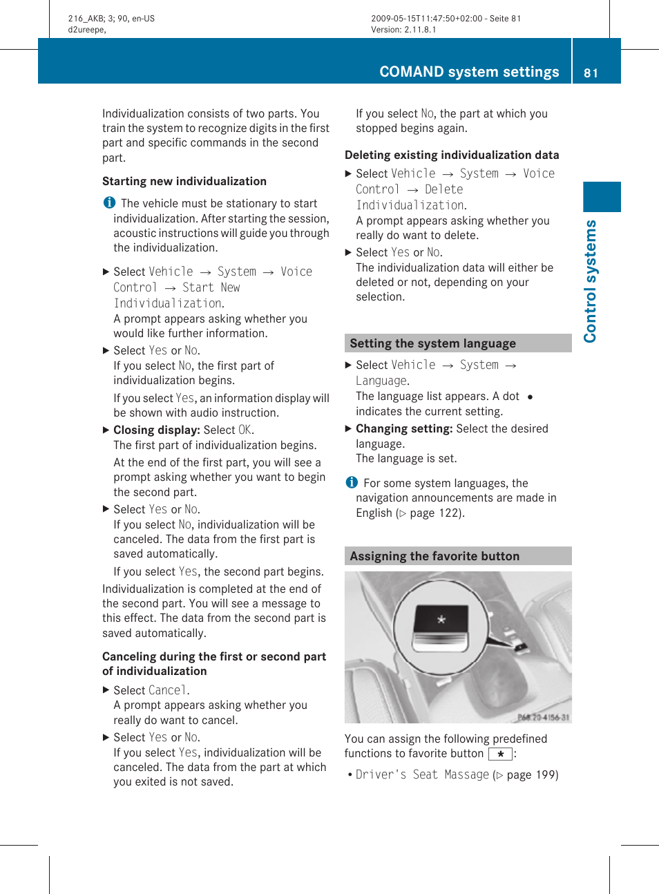 Setting the system language, Assigning the favorite button, Favorite button | Control systems, Comand system settings | Mercedes-Benz 2010 CL Class User Manual | Page 83 / 500