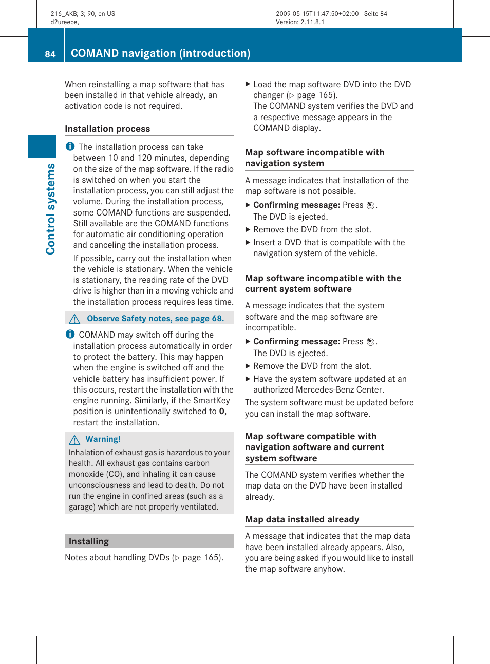 Installing, Control systems, Comand navigation (introduction) | Mercedes-Benz 2010 CL Class User Manual | Page 86 / 500