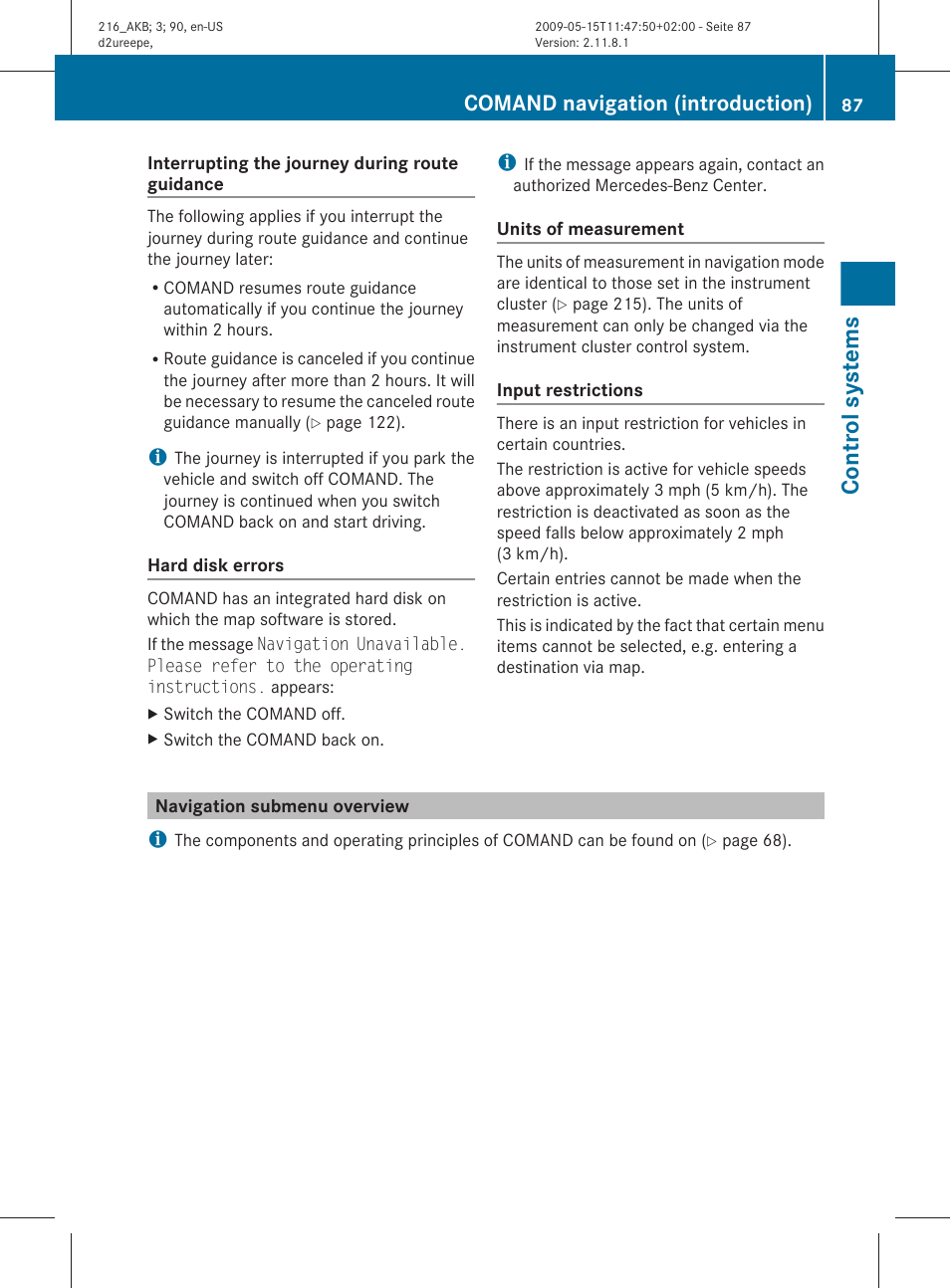 Navigation submenu overview, Control systems, Comand navigation (introduction) | Mercedes-Benz 2010 CL Class User Manual | Page 89 / 500