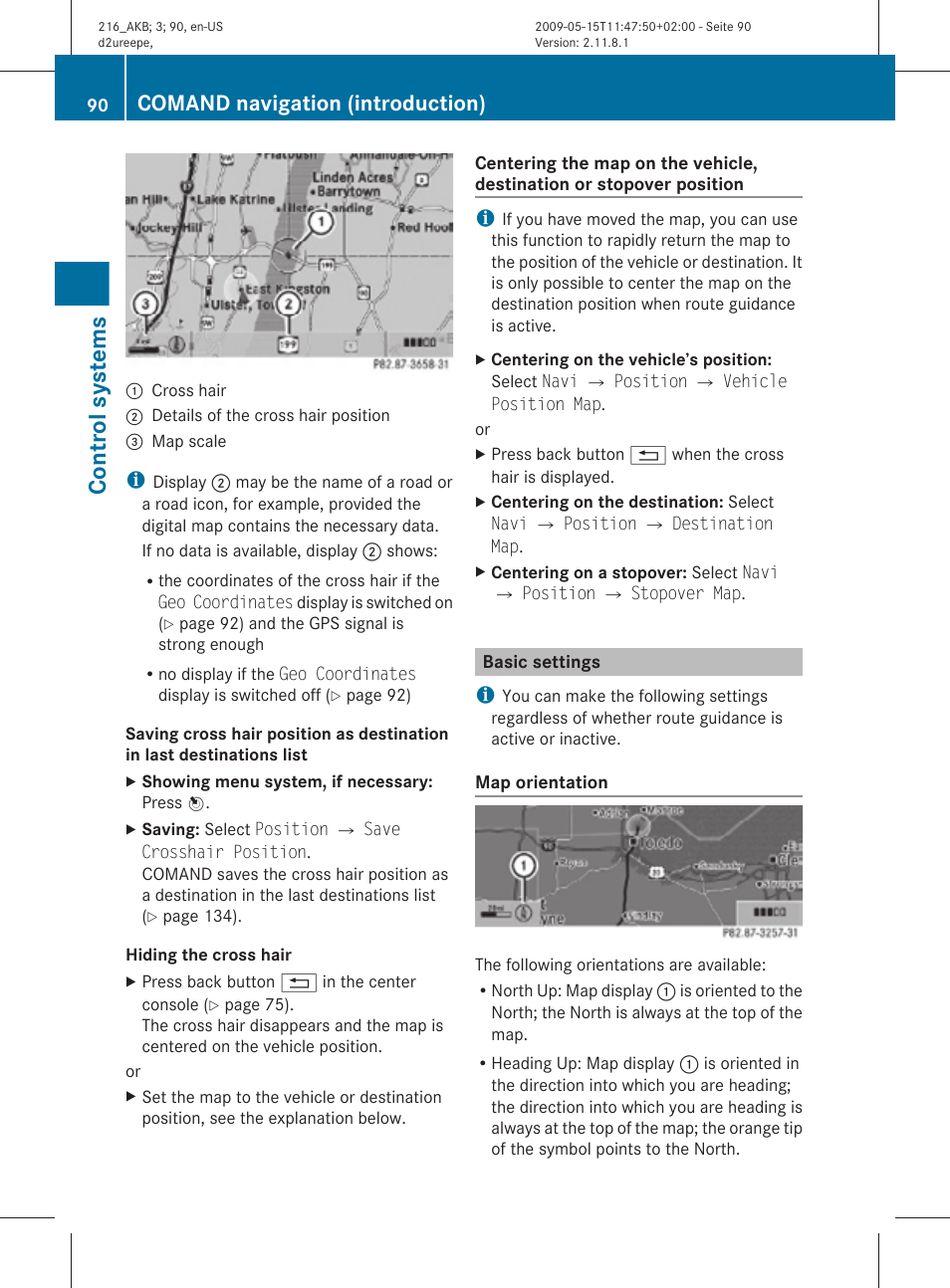 Basic settings, Map orientation, Control systems | Comand navigation (introduction) | Mercedes-Benz 2010 CL Class User Manual | Page 92 / 500