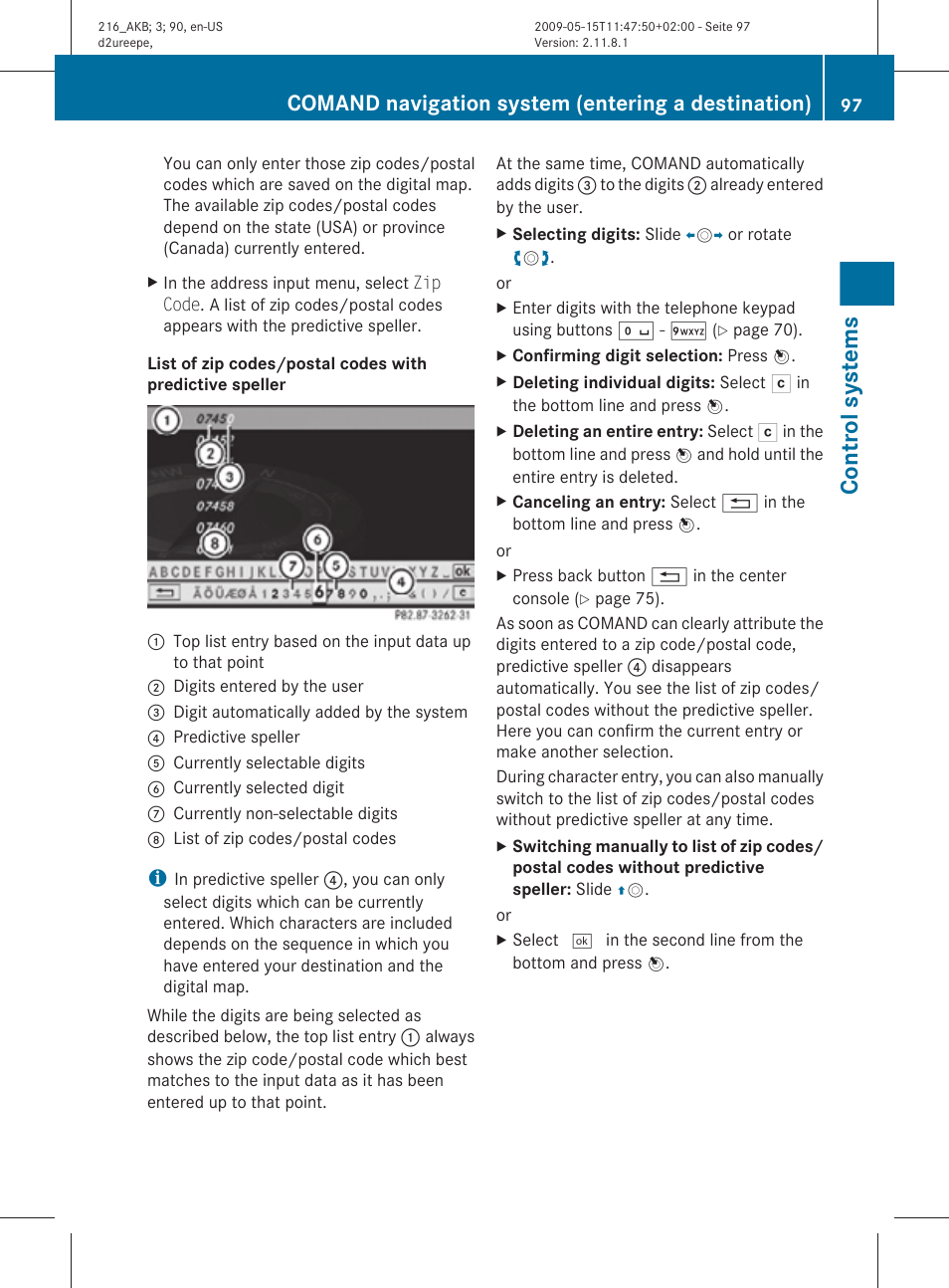 Control systems, Comand navigation system (entering a destination) | Mercedes-Benz 2010 CL Class User Manual | Page 99 / 500