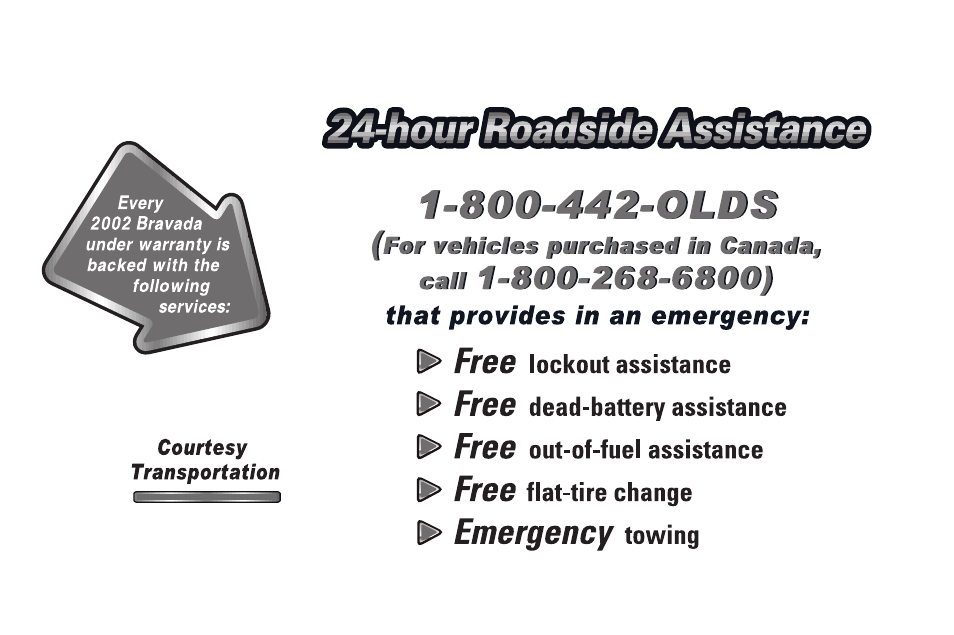 Hour roadside assistance | Oldsmobile 2002 Bravada User Manual | Page 2 / 393