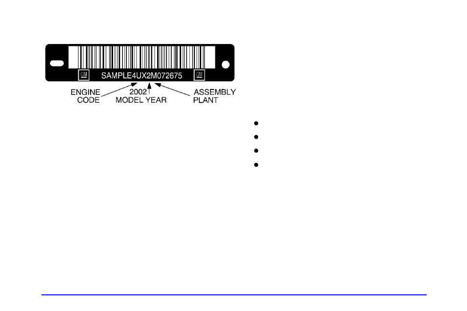 Vehicle identification number (vin), Engine identification, Service parts identification label | Oldsmobile 2002 Bravada User Manual | Page 344 / 393