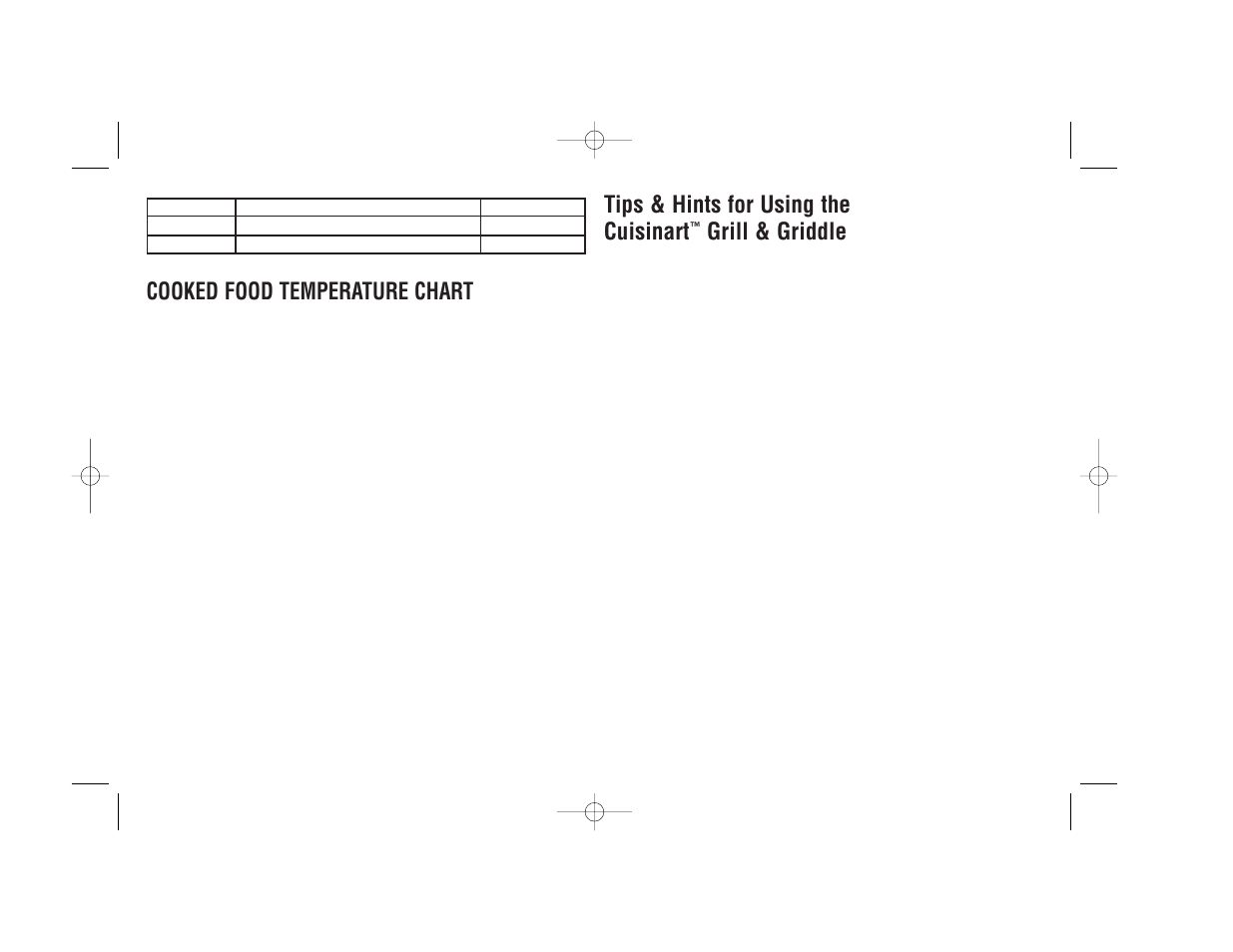 Cooked food temperature chart, Tips & hints for using the cuisinart, Grill & griddle | Cuisinart CGG-2C User Manual | Page 6 / 16