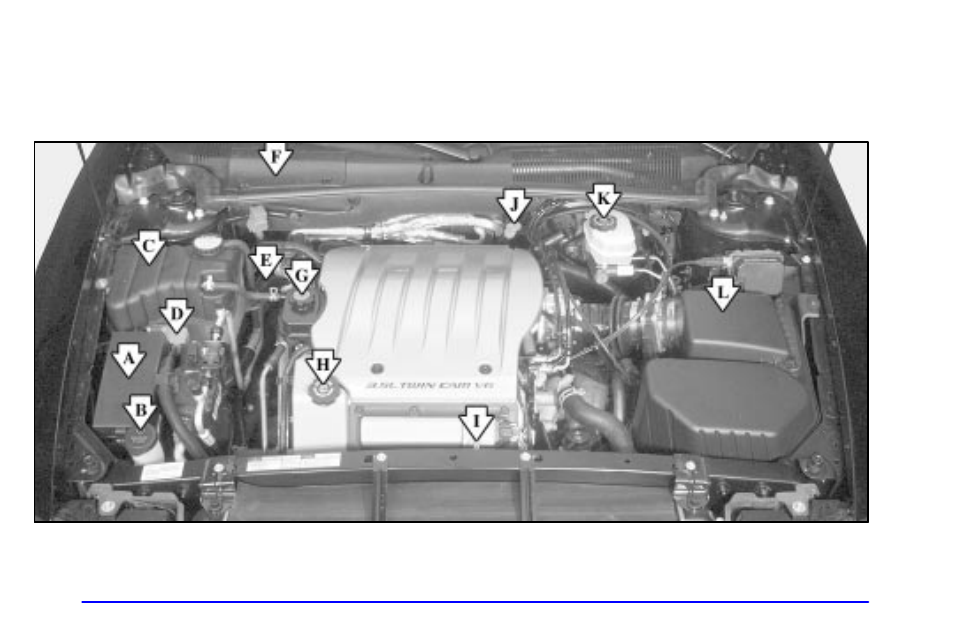 Engine compartment overview, 5l v6 engine | Oldsmobile 2001 Aurora User Manual | Page 267 / 376
