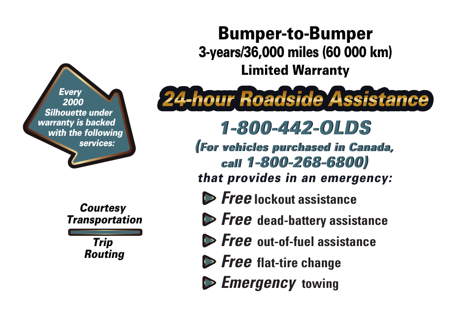 Hour roadside assistance, Bumper-to-bumper, Free | Emergency | Oldsmobile 2000 Silhouette User Manual | Page 2 / 422