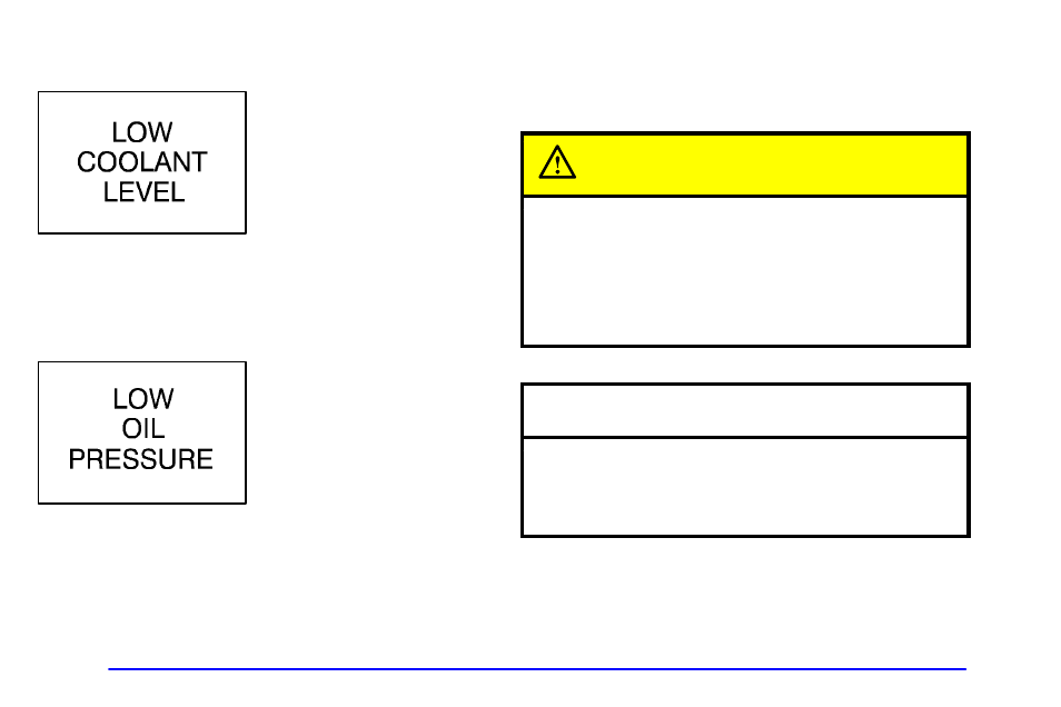 Low coolant level warning message, Low oil pressure message, Caution | Notice | Oldsmobile 2000 Silhouette User Manual | Page 202 / 422