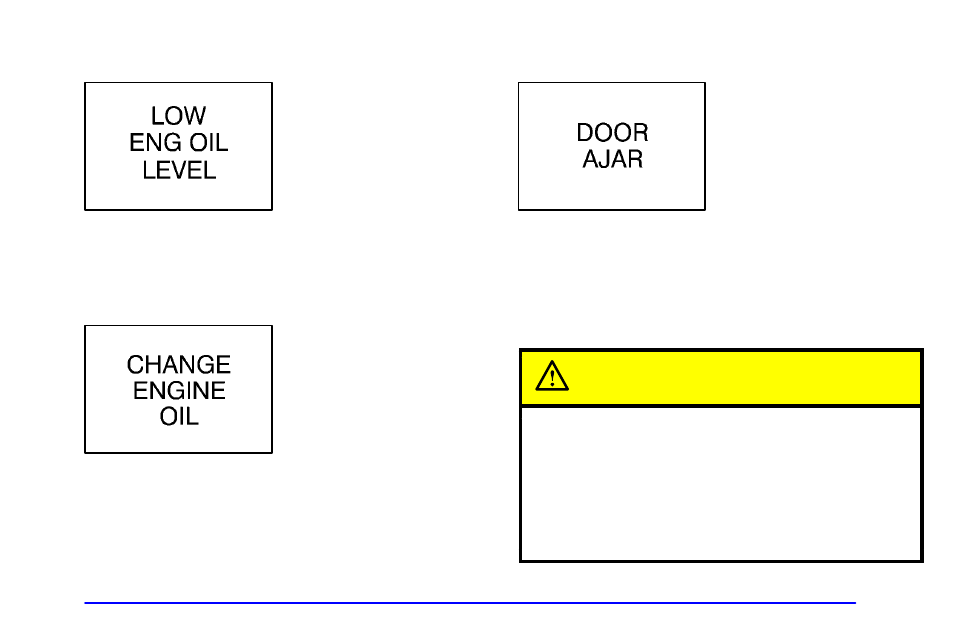 Low engine oil level message, Change engine oil message, Power sliding door warning message | Caution | Oldsmobile 2000 Silhouette User Manual | Page 203 / 422