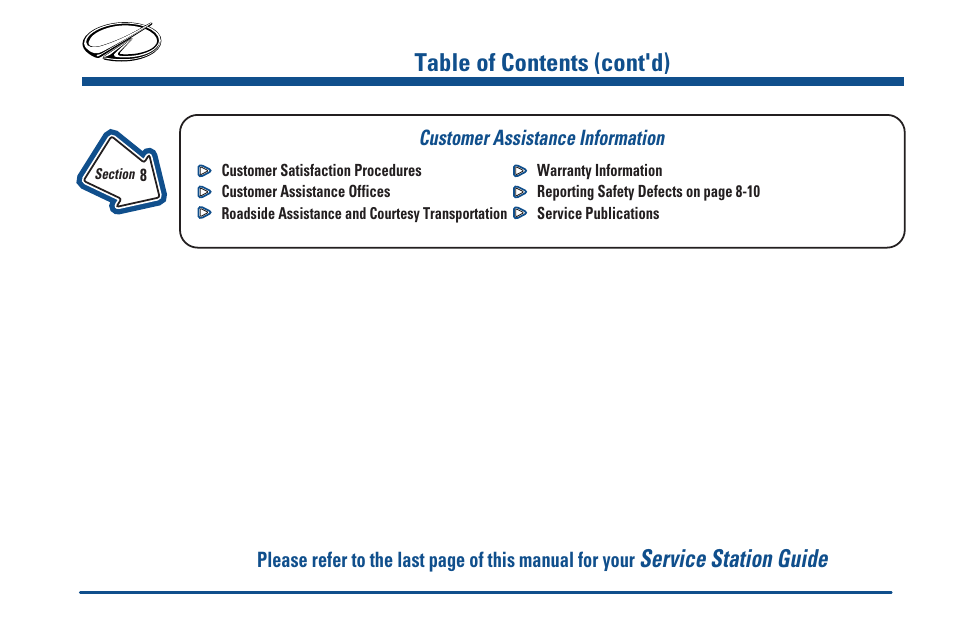 Customer assistance, Service station guide, Table of contents (cont'd) | Oldsmobile 2000 Silhouette User Manual | Page 7 / 422