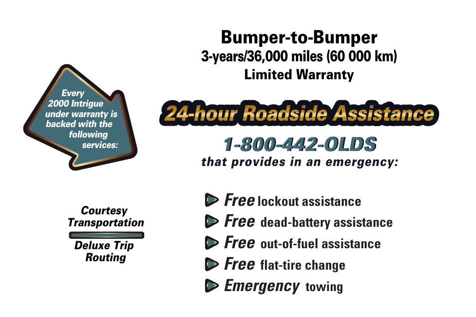 Hour roadside assistance, Bumper-to-bumper, Free | Emergency | Oldsmobile 2000 Intrigue User Manual | Page 2 / 348