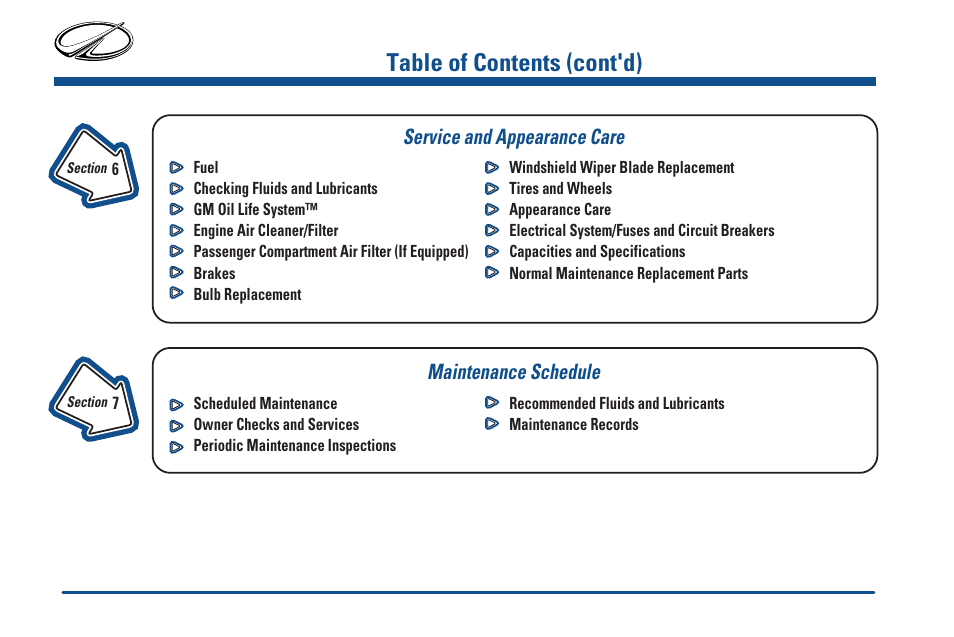 Service and appearance care, Maintenance schedule, Table of contents (cont'd) | Oldsmobile 2000 Intrigue User Manual | Page 6 / 348