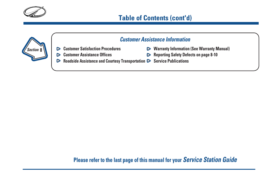 Customer assistance, Service station guide, Table of contents (cont'd) | Oldsmobile 2000 Intrigue User Manual | Page 7 / 348